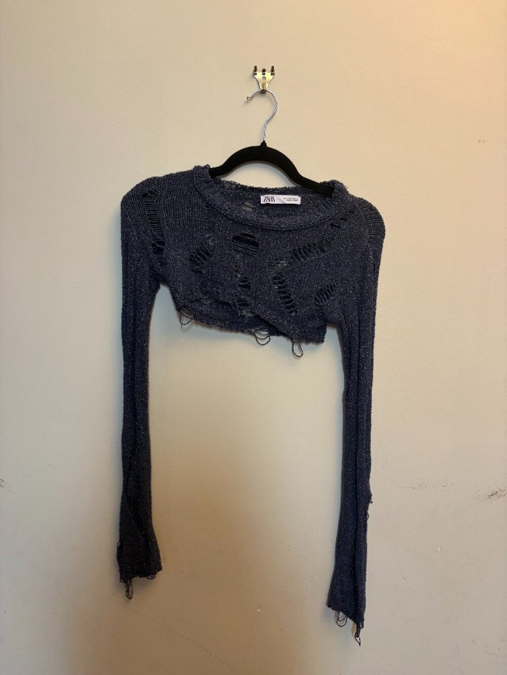 Zara Distressed Knit Cropped Sweater/Shrug Navy Blue Size S